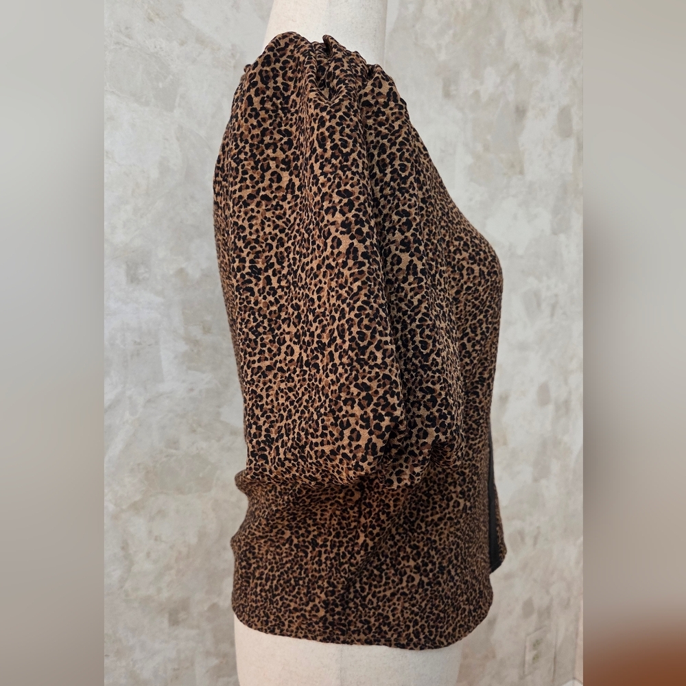 THML Leopard Print Puff Sleeve Blouse Faux Leather Trim XS - Picture 4 of 12